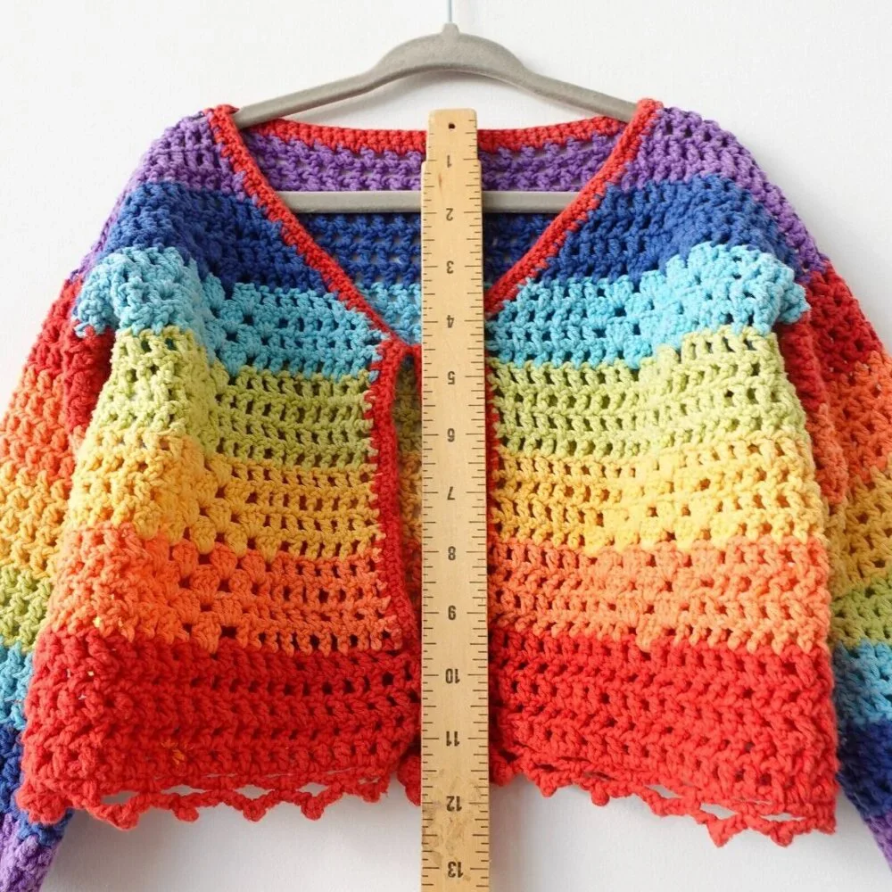 Rainbow Cropped Sweater Girls XL Cardigan Handmade Crochet‎ Bold Open Boho Y2K